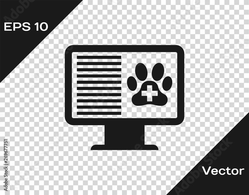 Grey Medical clinical record pet on monitor icon isolated on transparent background. Health insurance form. Prescription, medical check marks report. Vector Illustration