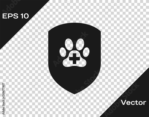 Grey Animal health insurance icon isolated on transparent background. Pet protection icon. Dog or cat paw print. Vector Illustration