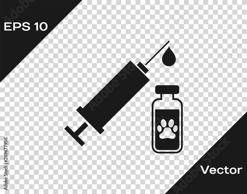Grey Syringe with pet vaccine icon isolated on transparent background. Dog or cat paw print. Vector Illustration