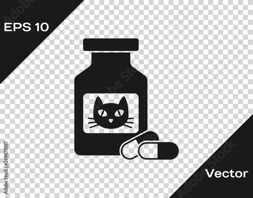 Grey Cat medicine bottle and pills icon isolated on transparent background. Container with pills. Prescription medicine for animal. Vector Illustration