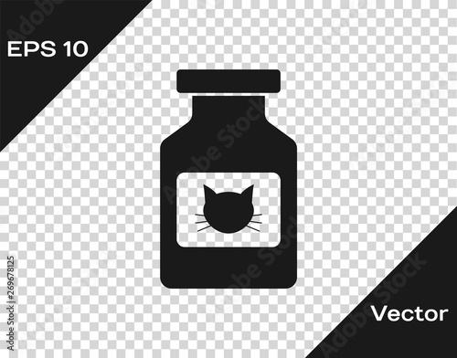 Grey Cat medicine bottle icon isolated on transparent background. Container with pills. Prescription medicine for animal. Vector Illustration