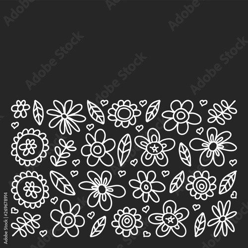 Vector set of child drawing flowers icons in doodle style. Painted, black monochrome, chalk pictures on a blackboard.