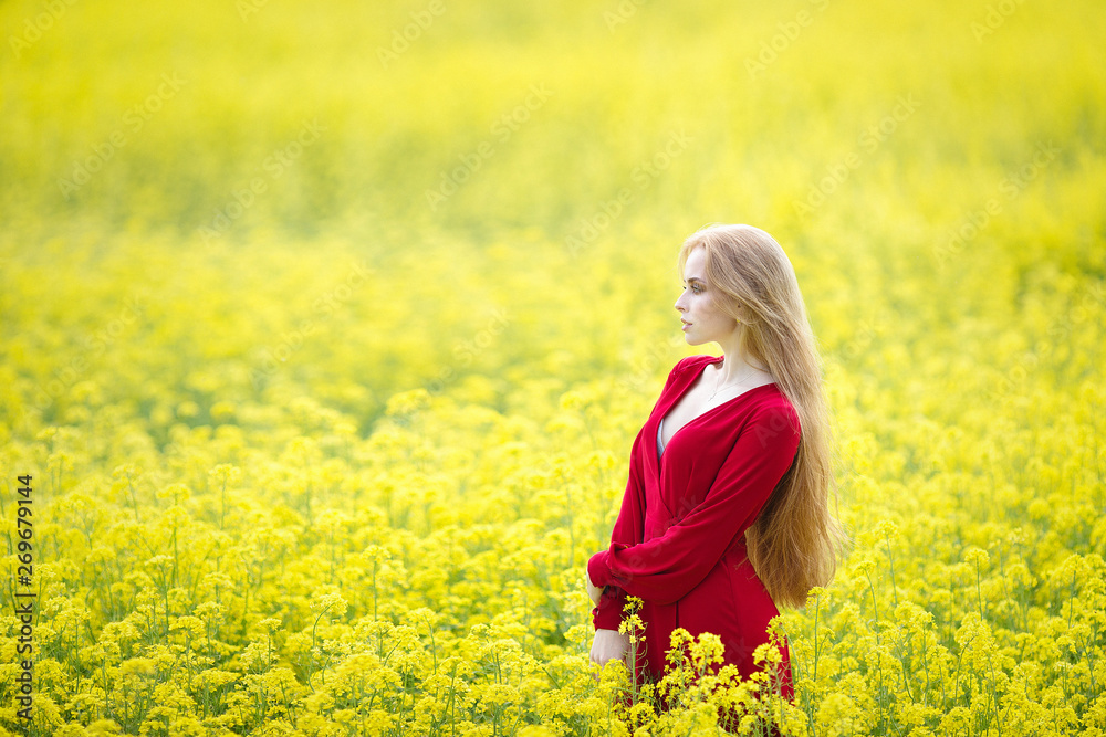 Fototapeta premium redhead girl in yellow field