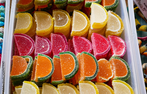 Colorful, unhealthy jelly sweets close up shot , image for background.