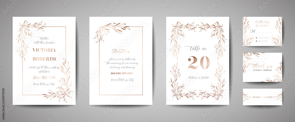 Luxury Flower Vintage Wedding Save the Date, Invitation Floral Cards Collection with Gold Foil Frame. Vector trendy cover, graphic poster, retro brochure, design template