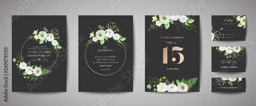 Set of Wedding Invitation, floral invite, thank you, rsvp rustic card design with gold foil decoration. Vector elegant modern template, trendy cover, graphic poster, retro brochure, design template