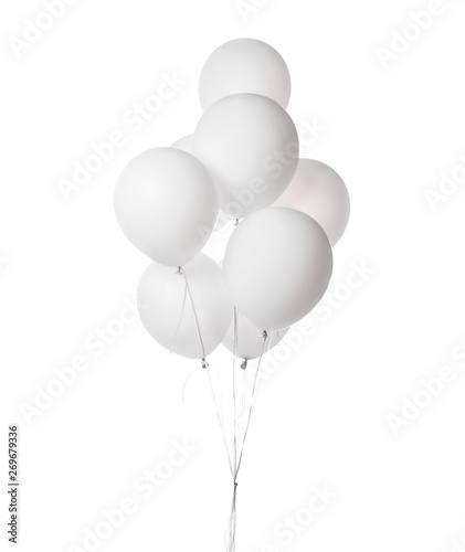 Bunch of blue latex white round balloons composition for birthday or valentines day party isolated