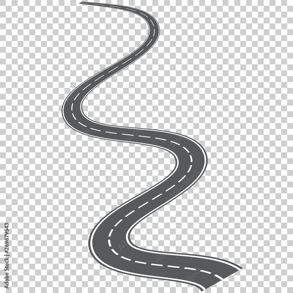 Vector curved road with white markings. Vector illustration