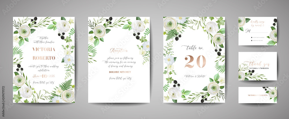 Set of Wedding Invitation, floral invite, thank you, rsvp rustic card design with gold foil decoration. Vector elegant modern template, trendy cover, graphic poster, retro brochure, design template