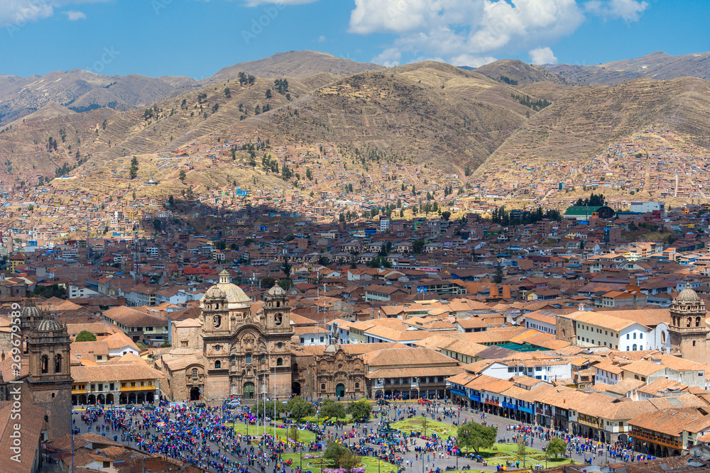 Jesuit Church and Main Square of Cusco from San Cristobal church, Peru