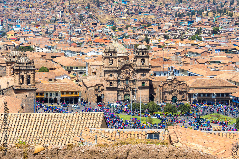 Jesuit Church and Main Square of Cusco from San Cristobal church, Peru
