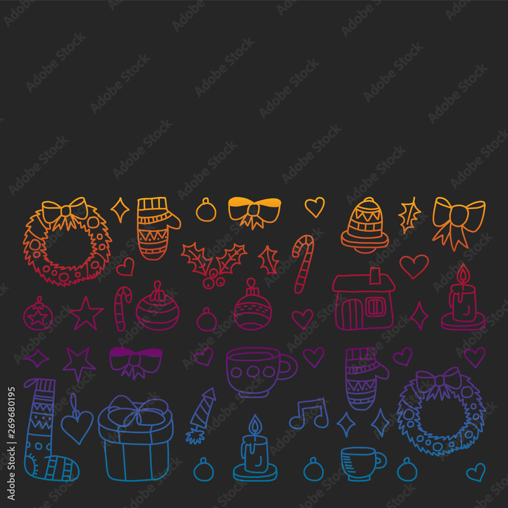 Vector set of Christmas, holiday icons in doodle style. Painted, colorful, gradient pictures on a piece of paper on blackboard.