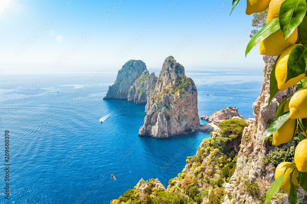 Famous Faraglioni Rocks, Capri Island, Italy - obrazy, fototapety, plakaty 