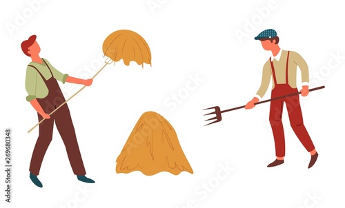 Farmers field workers hay stack and men with forks