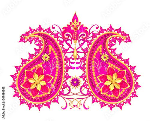 Element paisley indian cucumber. Golden tracery weaving, stylized sparkling flowers, isolated. 3d rendering