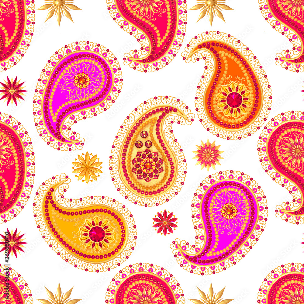 3d rendering. Golden stylized flowers, delicate shiny curls, paisley element, seamless pattern. Oriental style arabesques. Brilliant lace, Indian cucumber. 3d rendering. Golden stylized flowers, delicate shiny curls, paisley element, seamless pattern. Oriental style arabesques. Brilliant lace, Indian cucumber.
