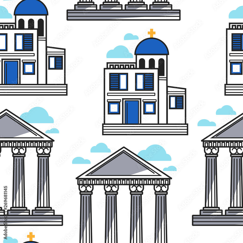 Greek pillars and church Greece architecture seamless pattern