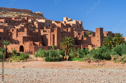 The Kasbahs of Ait Ben Haddou in the front are two Camels / The Kasbahs of Ait Ben Haddou in the south of Morocco, Africa.