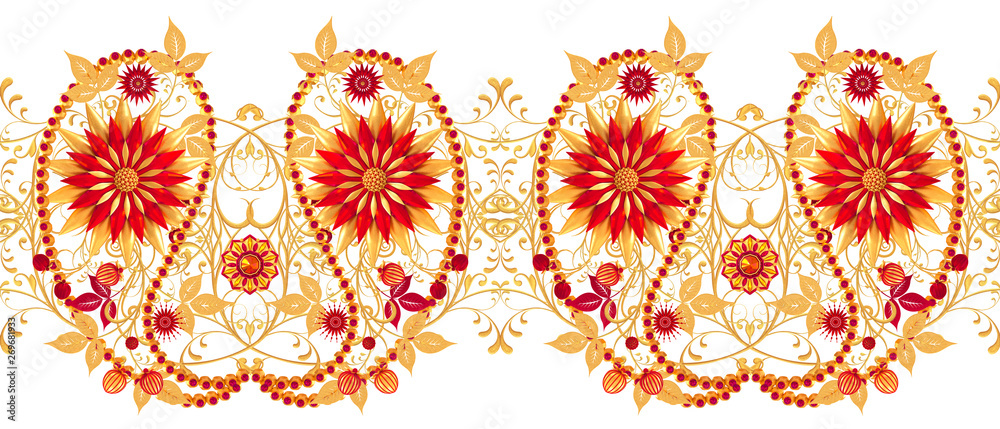 Fototapeta premium Element paisley indian cucumber. Golden tracery weaving, stylized sparkling flowers, isolated. 3d rendering.
