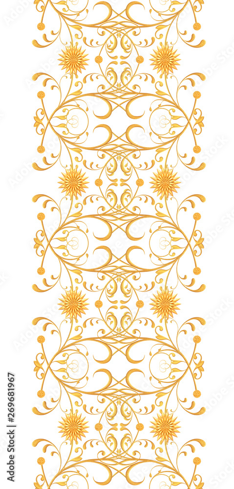 Seamless pattern. Golden textured curls. Oriental style arabesques. Brilliant lace, stylized flowers. Openwork weaving delicate, 3d rendering.