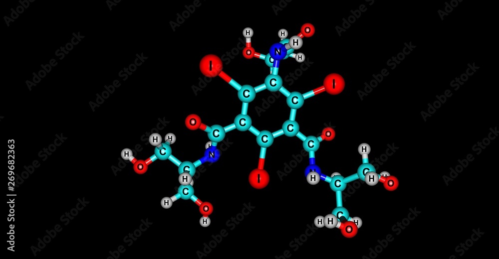 Iopamidol molecular structure isolated on black Iopamidol molecular structure isolated on black