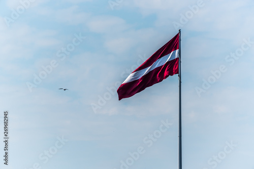 Large Latvian Flag Waving in the Breeze with Seagull in a Blue Sky