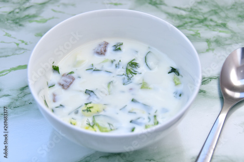 Okroshka - a summer cold soup with vegetables, cooked beef and kefir. Turkmenian variant.