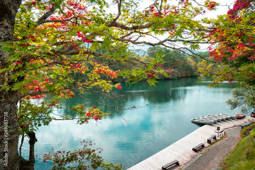 Red leaf and beautiful water in Goshiki-Numa pond, Fukushima, Japan photo