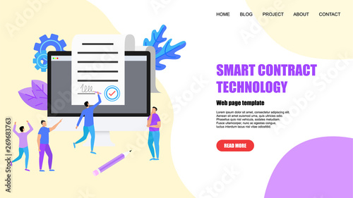 Web template. Online electronic smart contract document, paper document, signature on computer screen. vector illustration. Business concept
