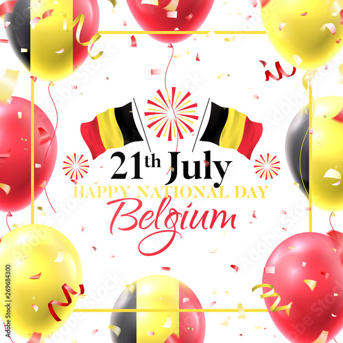 Happy national Belgium day card. Vector illustration with realistic air balloons colored in Belgium flags. Festive background with color serpentine and confetti.