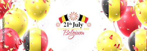 Happy national Belgium day festive horizontal banner. Vector illustration with realistic air balloons colored in Belgium flags. Holiday background with color serpentine and confetti.