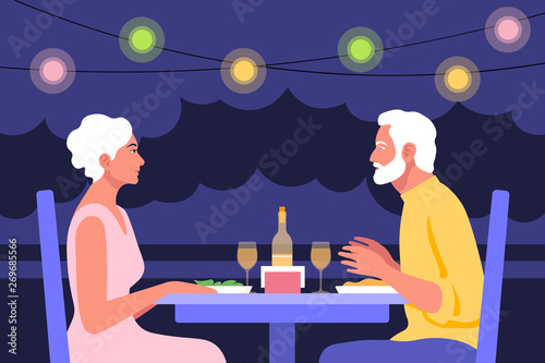 An elderly man and an elderly woman sit at the table in profile. Date and business meeting in a cafe. Summer evening in a restaurant on the street. Vector flat illustration