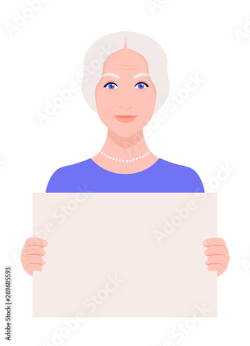 Elderly woman holding a blank poster without text. Protest and protection of rights. Meeting and demonstration. Vector flat illustration