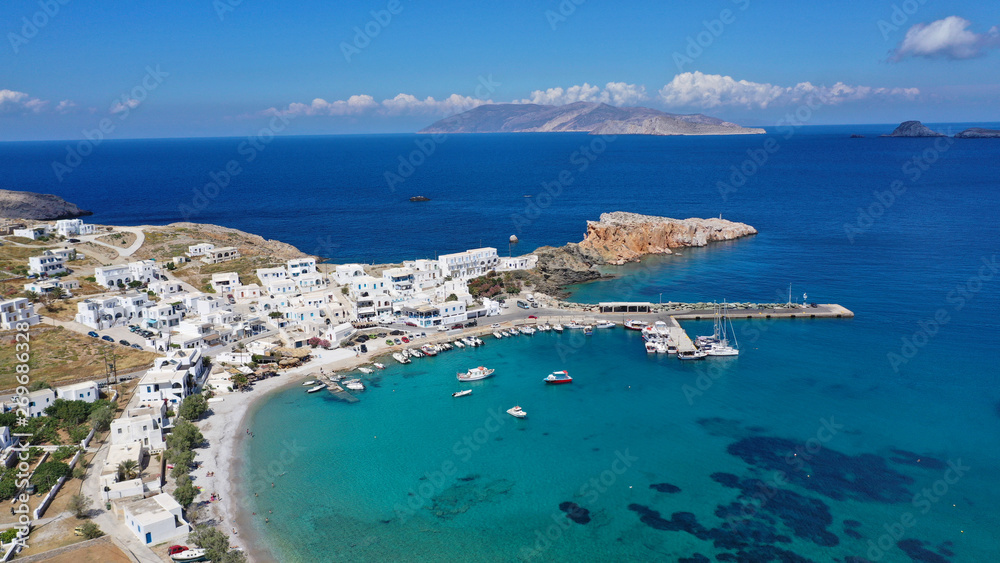 Aerial drone photo of Karavostasis picturesque main port of Folegandros island featuring sandy pebble beach, Cyclades, Greece