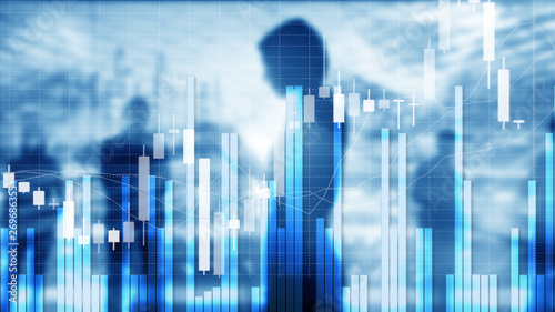 Silhouettes of Business People. Stock Market Graph and Bar Candlestick Chart.