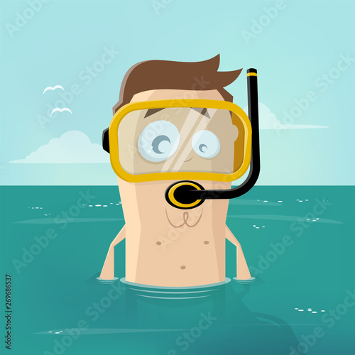 funny illustration of a snorkeling cartoon man