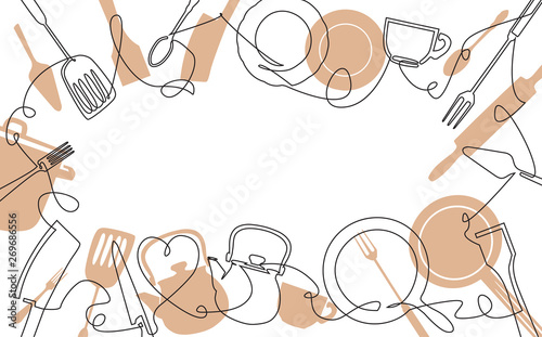 Background for your design works. One Line Drawing of Isolated Kitchen Utensils. Cooking Poster. Vector illustration.
