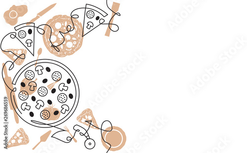 Pizza Pattern. Continuous Line Drawing.  Vector illustration.