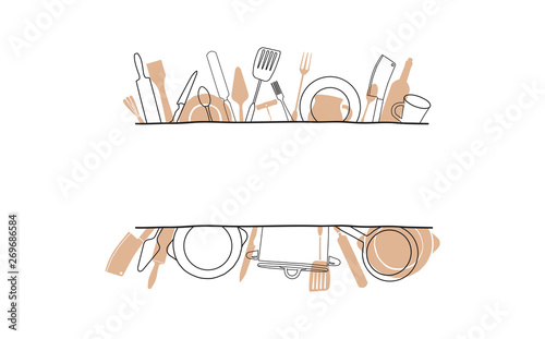 Carta da parati Cooking Template Frame with Hand Drawn Utensils and Plase for your Text