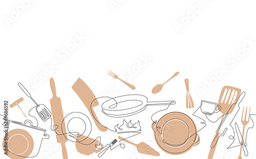 Cooking Pattern. Background for your design works. One Line Drawing of Isolated Kitchen Utensils. Cooking Poster. Vector illustration.