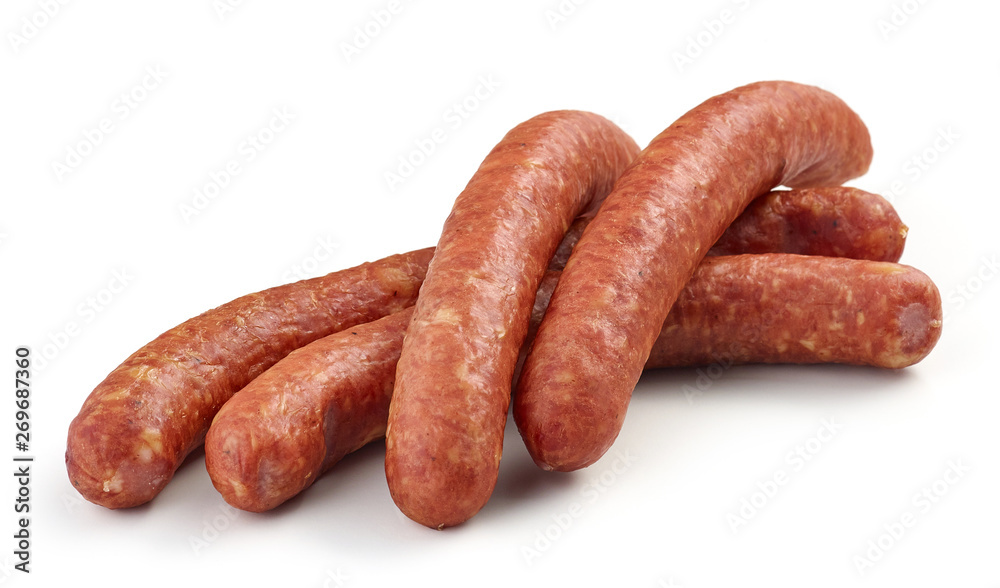 smoked sausages on white background