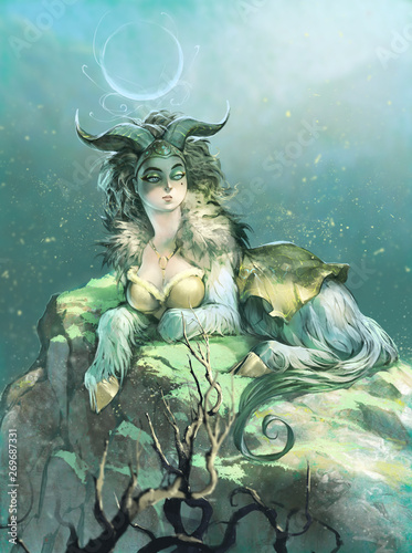 Original digital illustration of a beautiful, elegant capricorn zodiac as a goat woman creature  with a moon symbol between her horns 