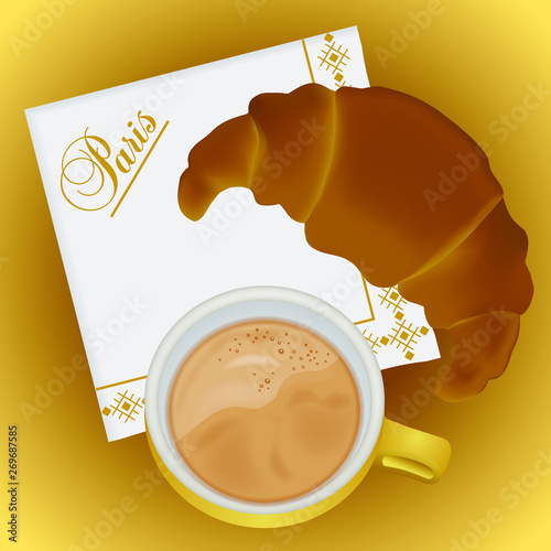 Illustration 3d d’un luxueux petit déjeuner à la française sur un fond or avec un croissant, un expresso et une serviette avec le mot « Paris » brodé.