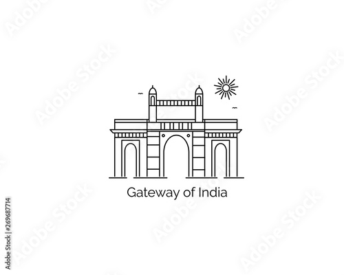 India Gate at New Delhi. 1920s triumphal arch and war memorial. Line art vector illustration.