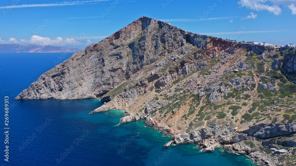Fototapeta premium Aerial drone photo of amazing spring landscape of picturesque island of Folegandros, Cyclades, Greece