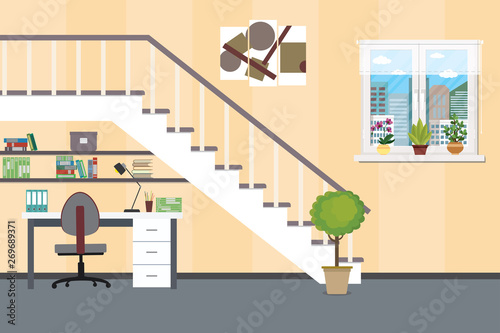 Empty Home interior.Worlkplace under the stairs,vase with a plant,