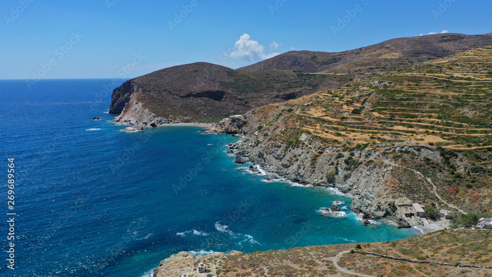Aerial drone photo of amazing spring landscape of picturesque island of Folegandros, Cyclades, Greece