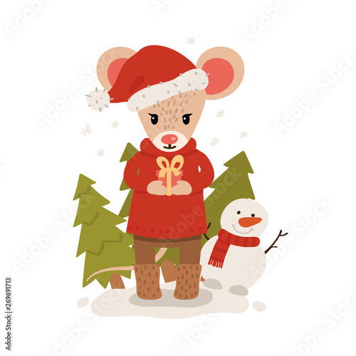 Mouse with gift box among christmas trees. Christmas and New Year character isolated on a white background. Postcard. Vector illustration in the style of hand drawn flat
