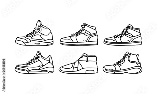 Set of sports and lifestyles shoes, sneaker vector hand drawn collection, shoe lineart icon. new shoe illustration for sport & branding design element photo