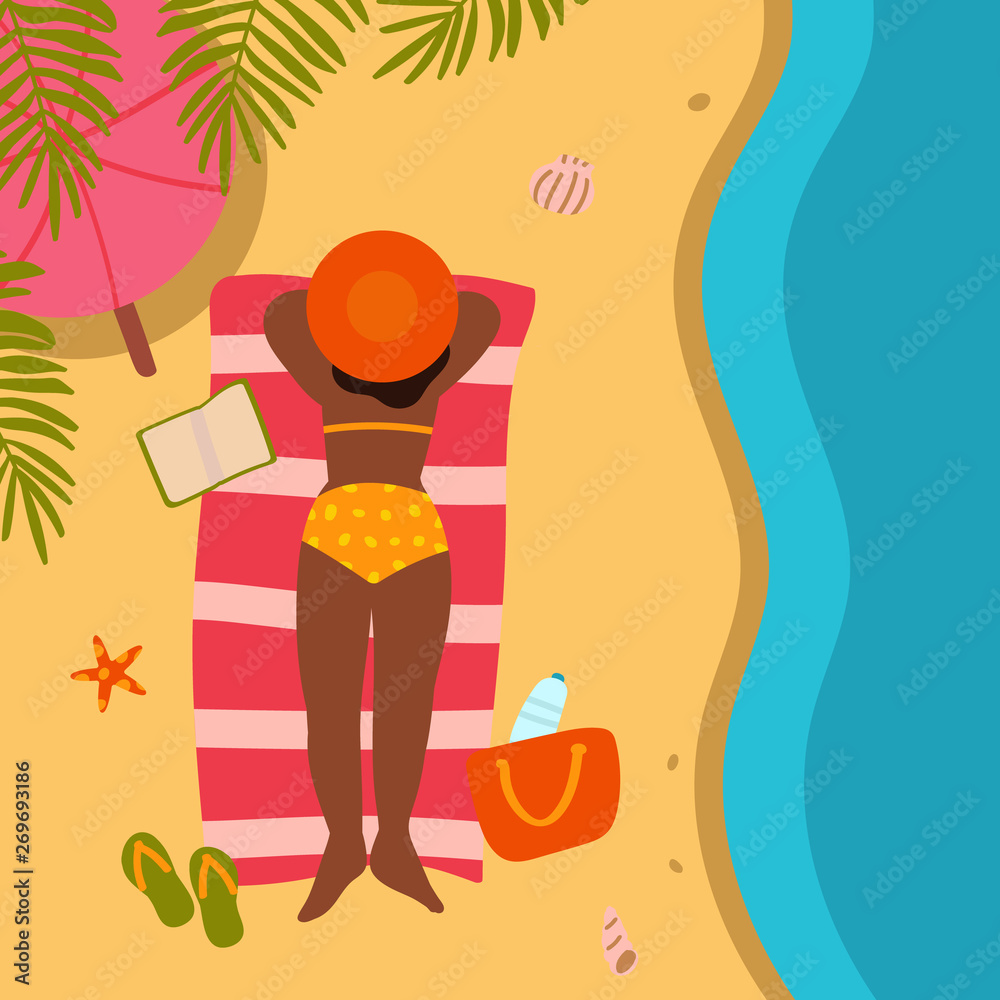 Summer holidays. Young girl in a hat and swimsuit. Concept, greeting card, banner, background, poster of summer holiday. Vector illustration of hand drawn flat style